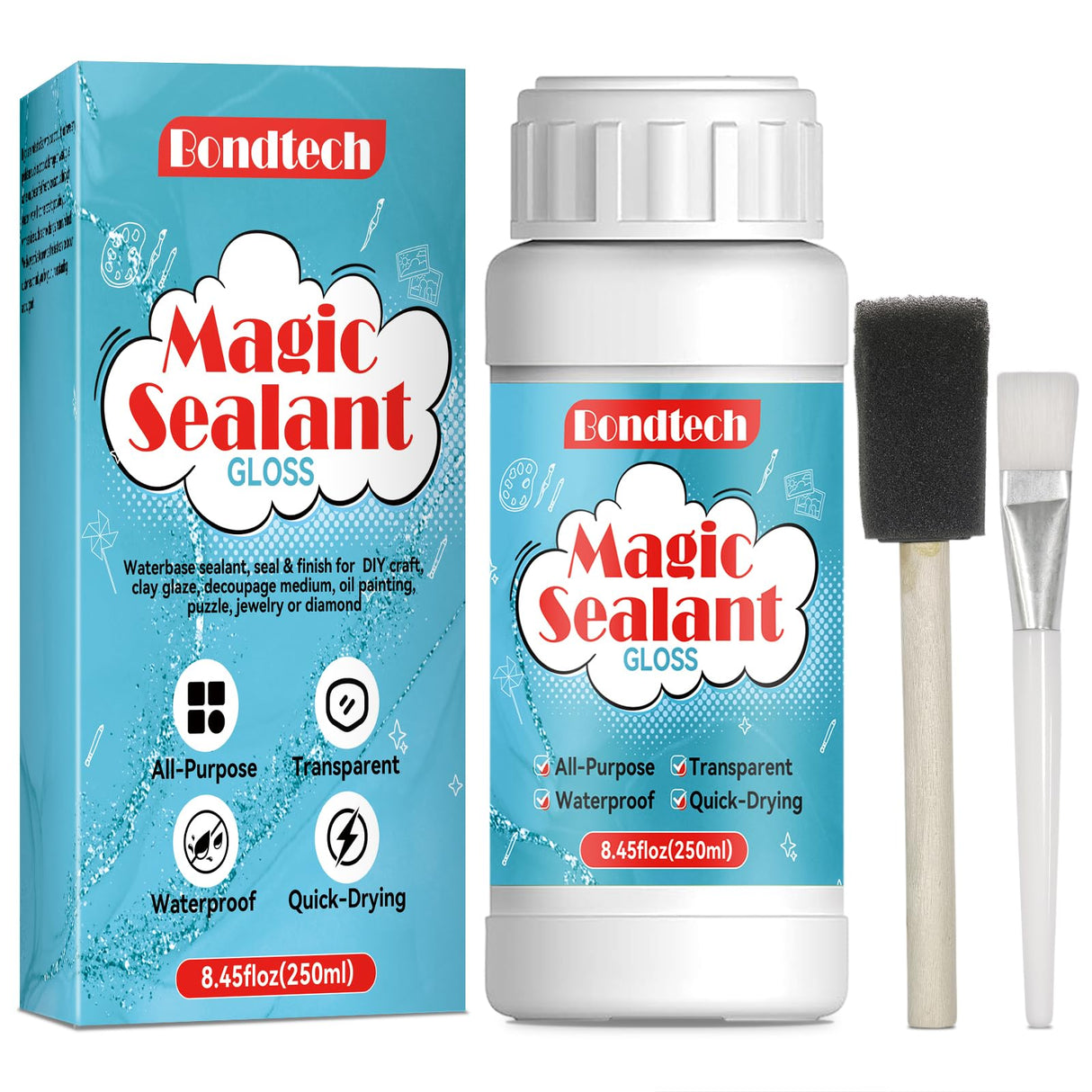 8 OZ Gloss Sealer, Glue & Finish, Air Dry Clay Glaze, Clear Decoupage Glue, Waterbase Clay Varnish for DIY Crafts, Wood, Paper, Art Projects, Craft, Painting, Puzzle,Ceramics,Magic Sealant 250 ML Bondtech