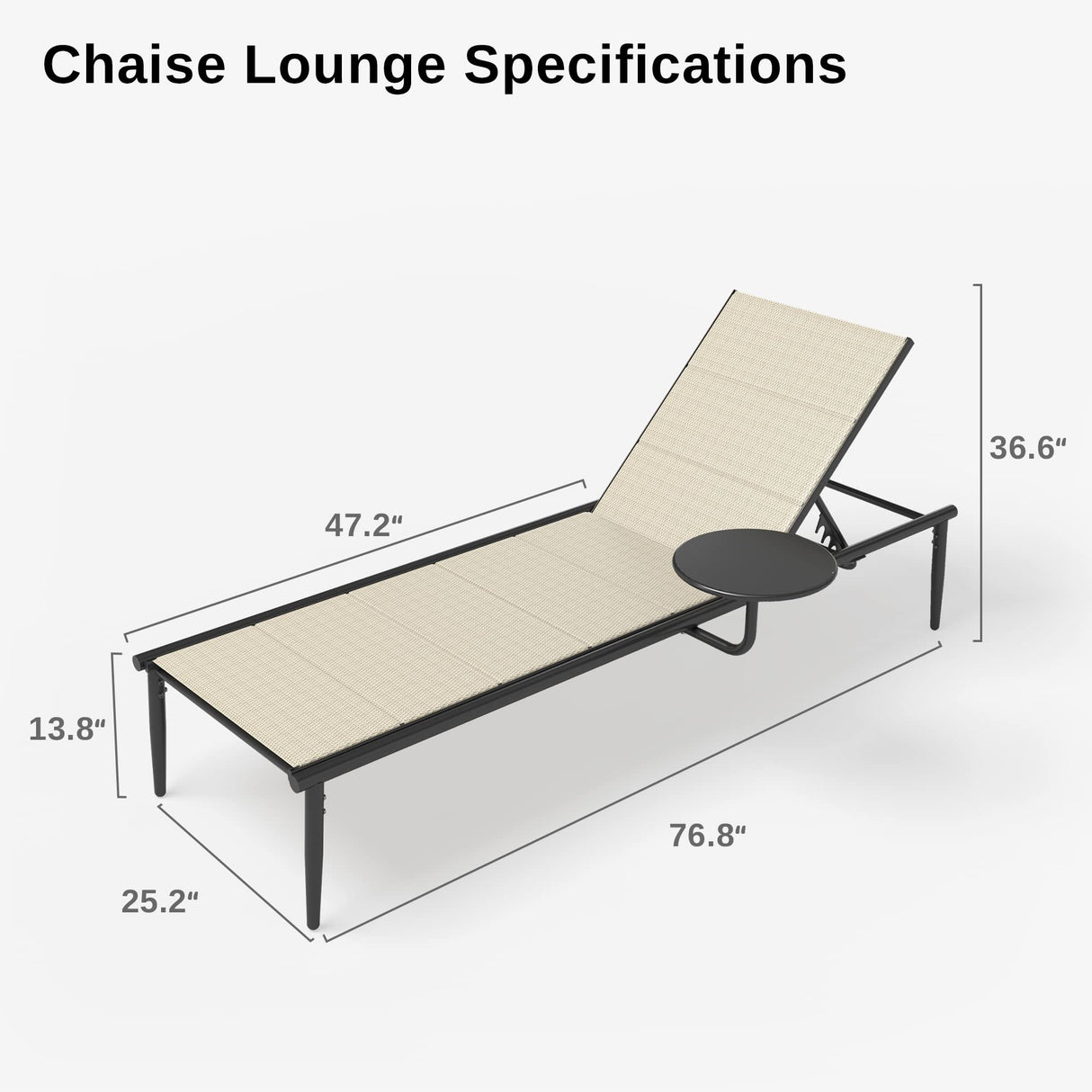 EAST OAK Textilene Outdoor Chaise Lounge, 2024 Aluminum Patio Lounge Chairs with Side Table, 5-Positions Adjustable Lounge Chaise for Outside, Recliner Chair for Pool, Beach, Backyard, Porch, Lawn EAST OAK