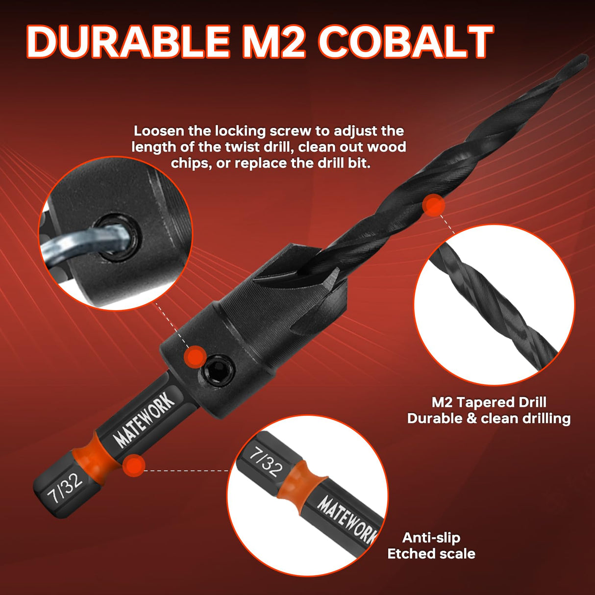 Matework Countersink Drill Bit Set, M2 Cobalt HSS Counter Sink Drill Bit for Wood, Adjustable Depth Drill Bit Set, 15PCS Wood Plug Cutter Drill Bit Set for Woodworking Matework