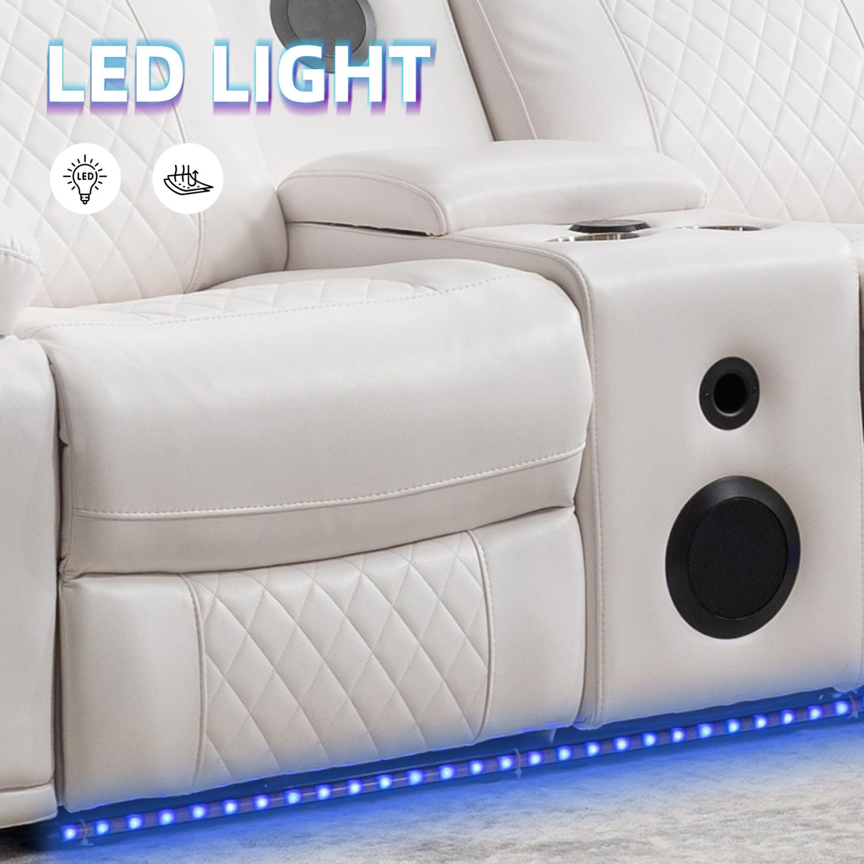 TODRANI Power Sectional Reclining Sofa with Bass Speaker, Faux Leather Recliner Corner Couches with USB Ports, Modern Recliner Sofa for Living Room with LED Lighting, White TODRANI