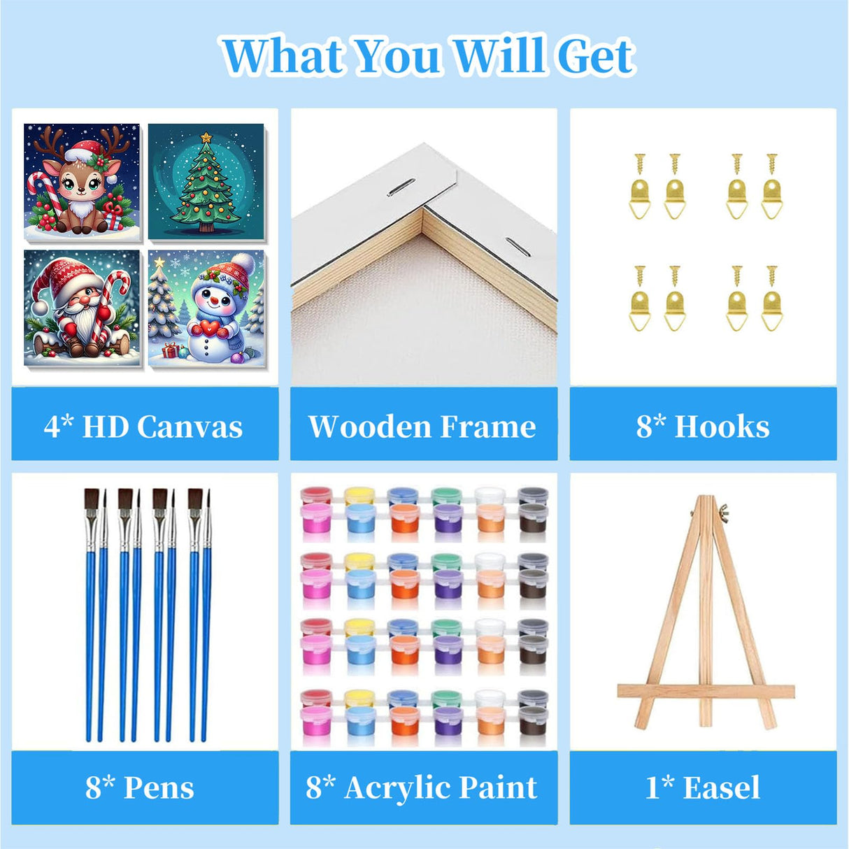 Arttoplus 4 Pack Paint by Numbers Kit for Kids with Frame,Cute Christmas Kids Paint by Numbers Ages 4-8-12 with Wooden Easel,Easy DIY Acrylic Oil Painting by Number for Gift Home Wall Decor(8x8 inch) Arttoplus