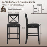 Cozyman 26" Wood Bar Stools Set of 2, Counter Height Bar Stools with Classical X-Shaped Back, Solid Barstools with Rubber Wood Frames and Faux Leather Seat, Black Cozyman