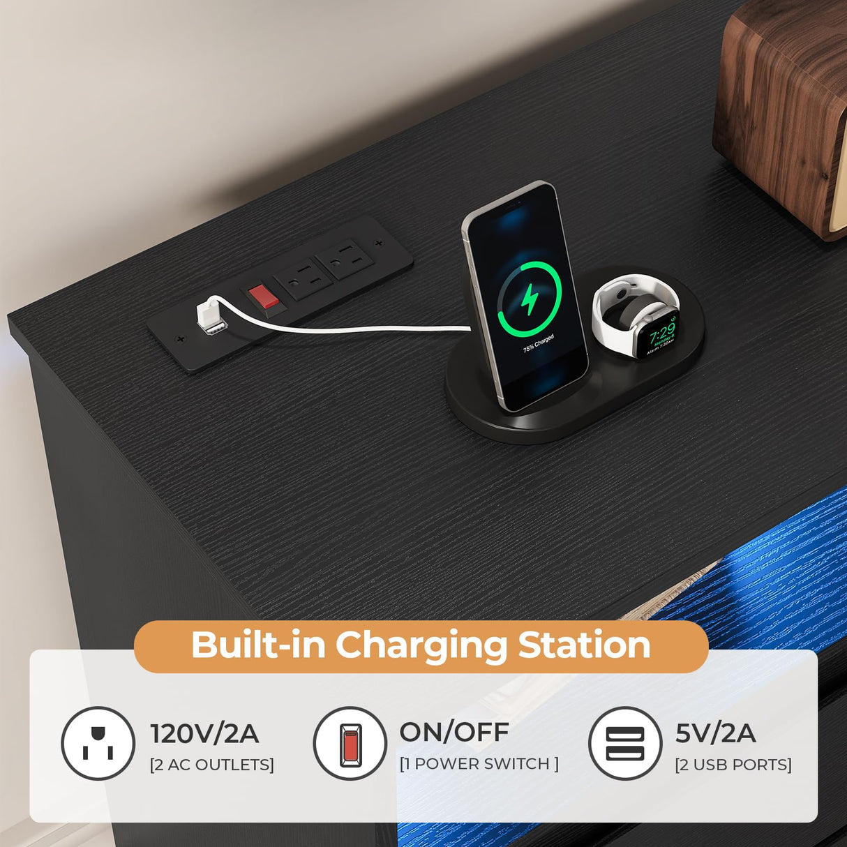 DICTAC Dresser for Bedroom with LED Lights and Charging Station, Black Dresser with No Handle Drawers, Modern Chest of Drawers, Dimensions 50.4''L x 15.7''D x 36.7''H DICTAC