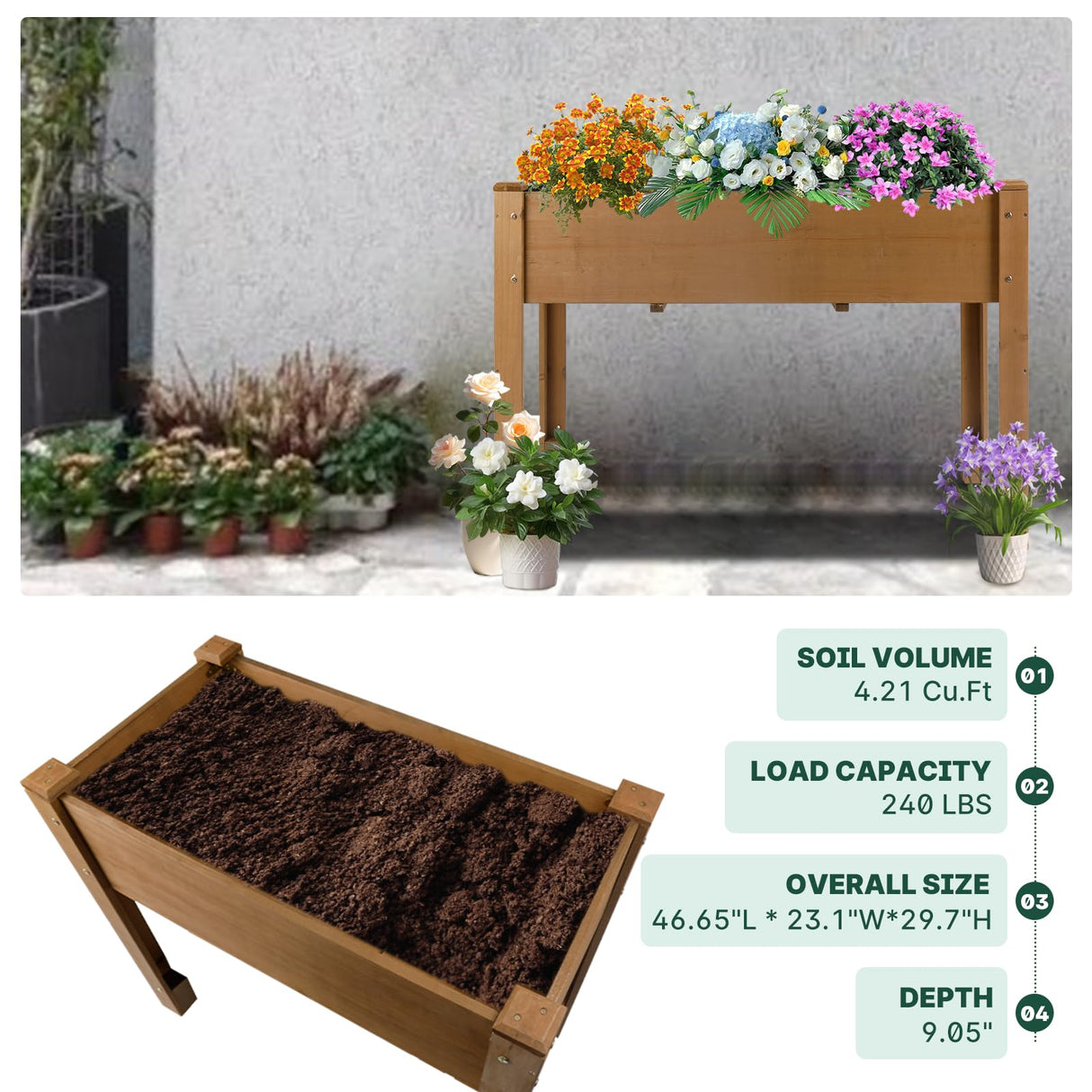 Raised Garden Bed Outdoor, Wooden Planter Boxes with Legs Protective Liner & Drainage Holes, Elevated Garden Flower Beds for Backyard Balcony, Gift for Gardening & Mother,46.65'' X 23.11'' X 29.72'' Magazoopet