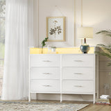 BOLUO White Dresser with LED Light and Charging Station for Bedroom 6 Drawer Dresser with USB Outlet, Dressers & Chests of Drawers Fabric Dresser for Closet Modern BOLUO