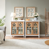 WINWY 30" Farmhouse Sideboard Buffet Credenza Cabinet, Decorative Accent Cabinet with 2 Carved Arched Glass Doors & Adjustable Shelf, Rustic Wooden Storage for Kitchen, Living Room(White,Set of 3) WINWY