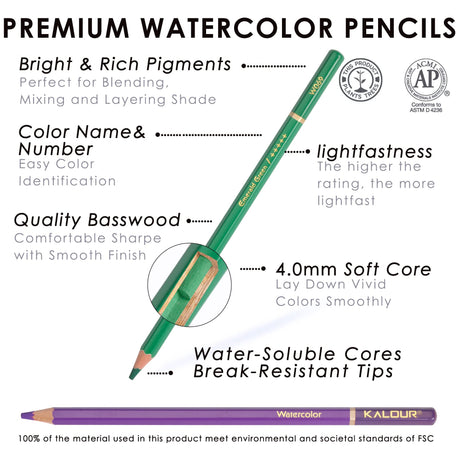KALOUR Premium Watercolor Pencils, Set of 120 Colors,with Water Brush Pen,Portable Nylon Case,Numbered and Lightfastness,Water-soluble Colored Pencils for Adult Coloring,Water Color for Beginner Kids KALOUR