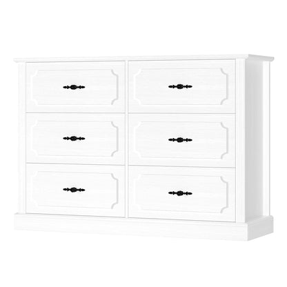 finetones White Dresser 6 Drawer, 47.2'' White Dresser Chest of Drawers, Farmhouse Wide Dresser White Chest of Drawers with Designed Drawer Surfaces, 6 Drawer Dresser Storage Organizer - WoodArtSupply