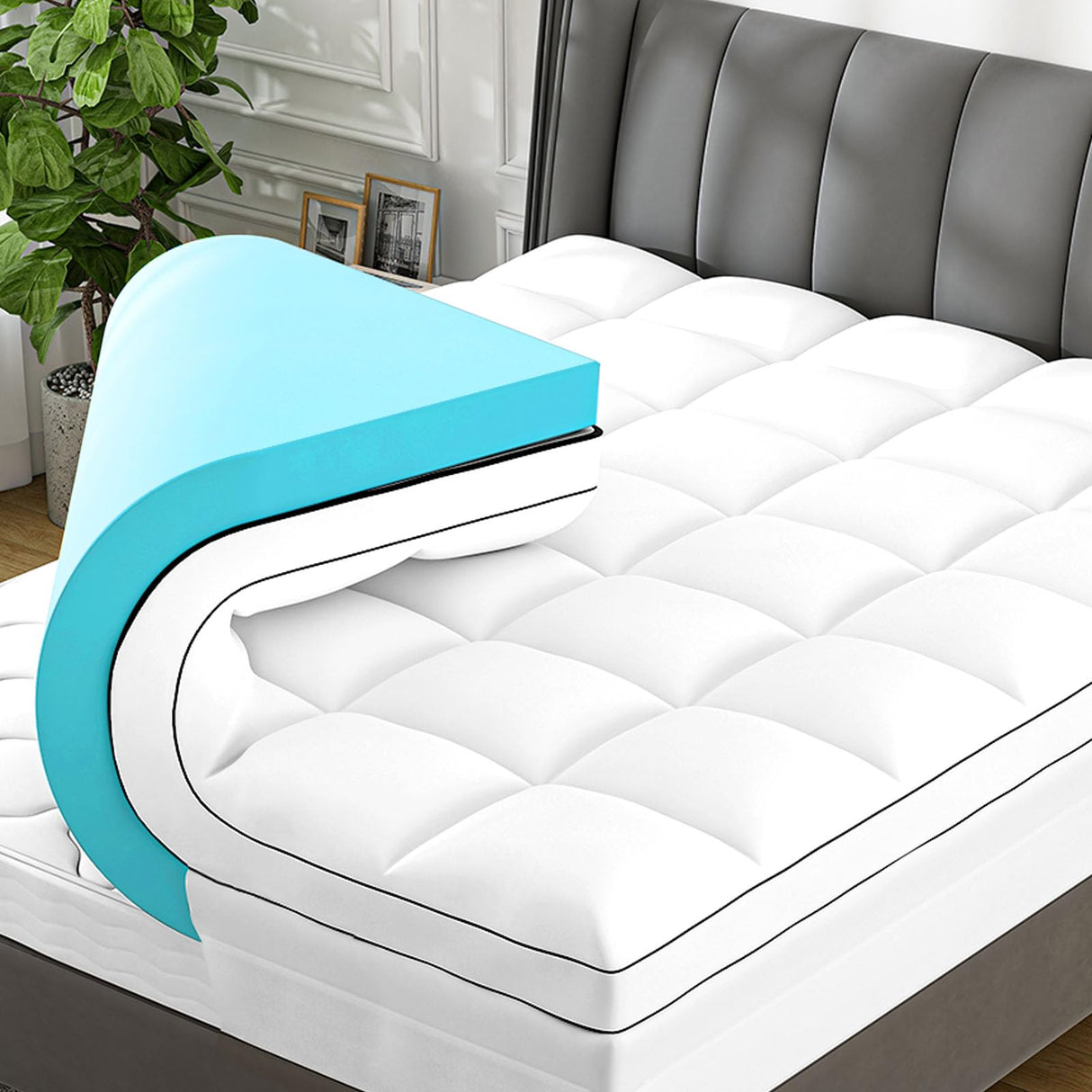 Vomiliku 4 Inch King Mattress Topper Dual Layer,2 Inch Gel Memory Foam Plus 2 Inch Cooling Pillow Top Mattress Pad Cover for Back Pain, with 8-21 Inch Deep Pocket Vomiliku