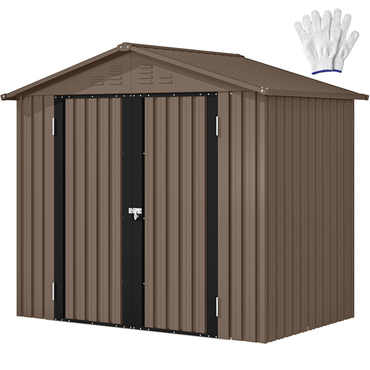 GOOBED 6x4FT Garden Storage Shed with Lockable Door and Vents, Metal Outdoor Tool Shed for Patio Lawn, and Backyard, Ideal for Storing Bikes, Trash Bins, Tools and Equipment, Brown GOOBED