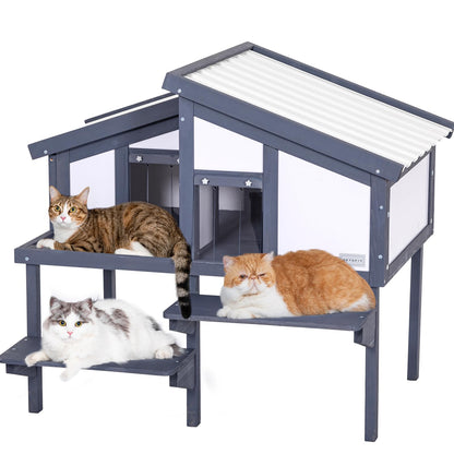 Outdoor Cat House for Multiple Cats, Insulated Feral Cat Shelter for Large Cat Enclosure Wooden Cat Condos with PVC Door Curtains - WoodArtSupply