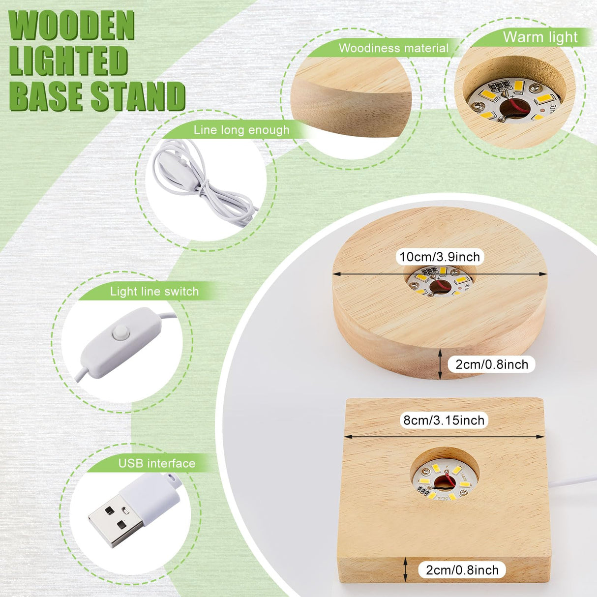 Honoson 8 Pcs Wooden LED Display Base Lighted Base for Crystal Art Wood Display Lighted Base for Glass Art LED Lighted Base for Display 3D Crystal Glass Warm Light (Round and Square Surface Style) Honoson