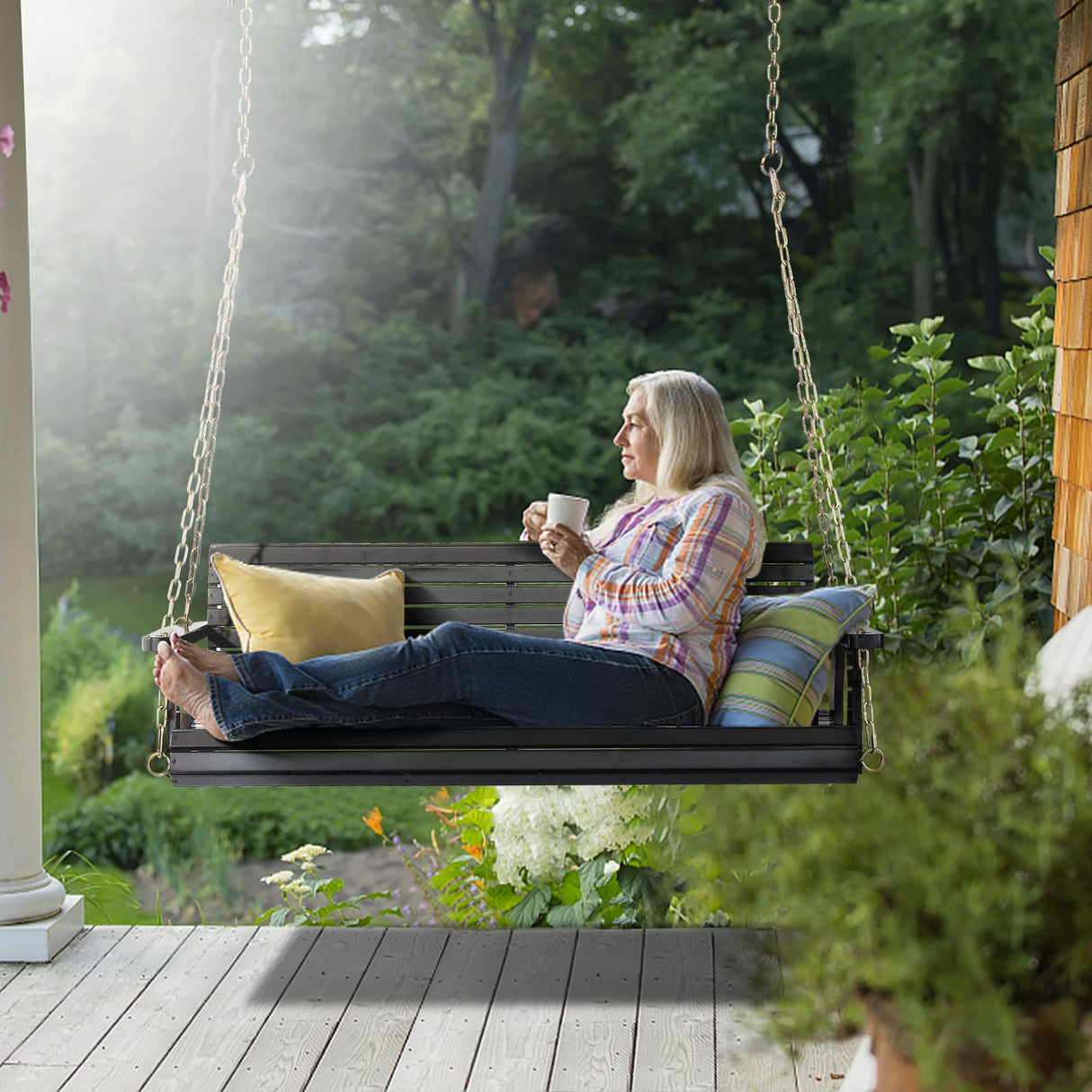 VINGLI Upgraded Patio Wooden Porch Swing for Courtyard & Garden, Heavy Duty 880 LBS Swing Chair Bench with Hanging Chains for Outdoors (Black, 4 FT) VINGLI