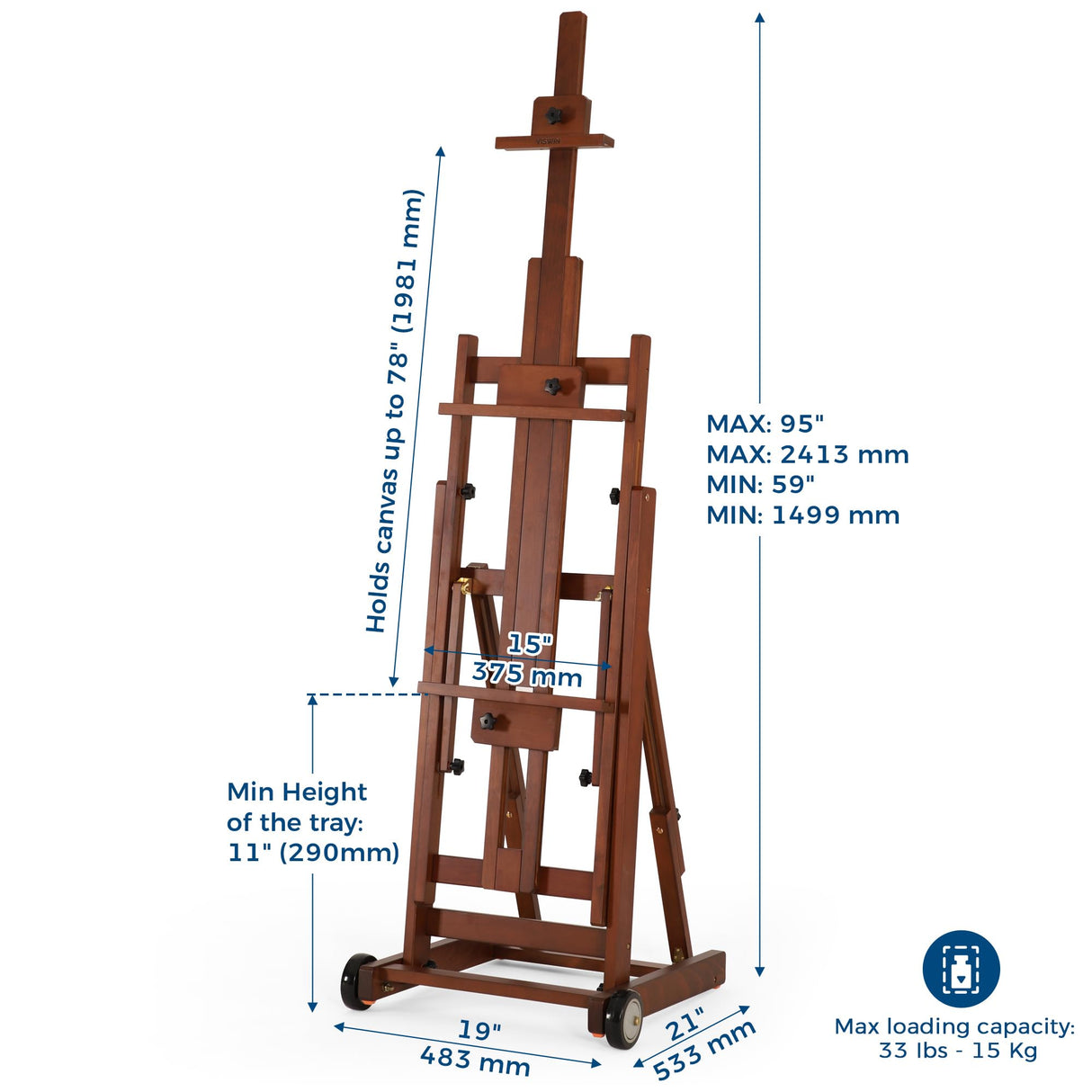 VISWIN Collapsible H-Frame Easel, Hold 1 or 2 Canvas up to 78", Adjustable Beech Wood Easel for Painting, Movable & Tilting Flat Floor Art Easel Stand, Studio Art Easel for Adults, Artists - Walunt VISWIN
