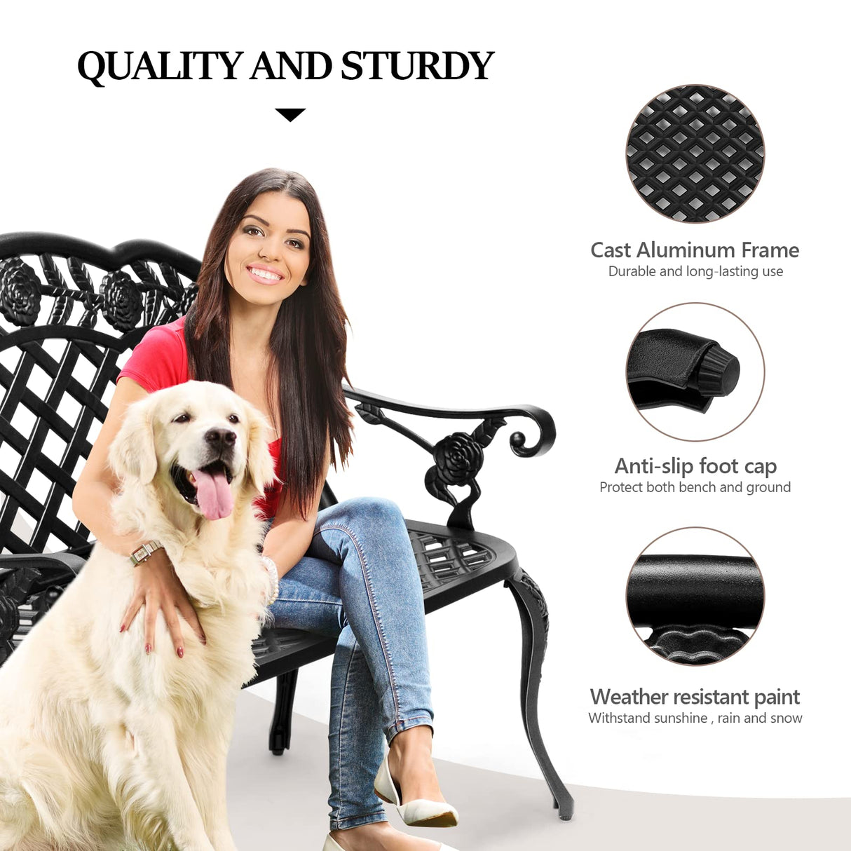 VINGLI 42.5" Outdoor Bench, Antique Cast Aluminum Front Porch Bench Metal Garden Benches Cast Iron Benches 2-3 People Seating (Black) VINGLI