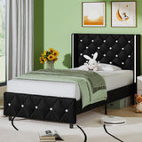 HOMBCK Twin Bed Frames, Upholstered Platform Bed with Diamond Tufted Headboard, Modern Velvet Bed Frame with Wingback Design, No Box Spring Needed, Easy Assembly, Black HOMBCK