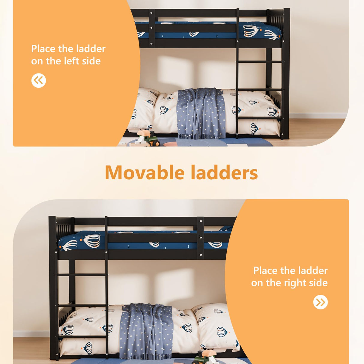 JOYMOR Solid Wood Low Twin Over Twin Bunk Bed for Kids/Junior, Bunk Bed Frame with Guardrails & Ladder for Boys Girls, No Box Spring Needed (Black) JOYMOR