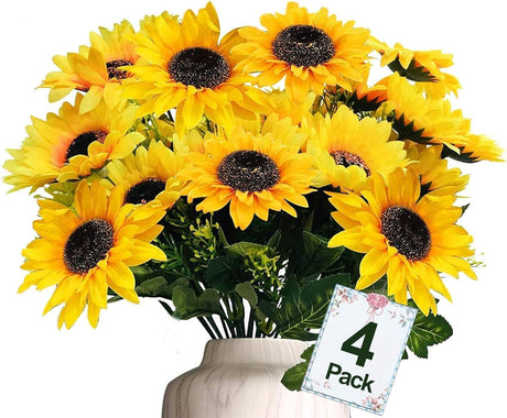 TURNMEON 28Pcs Sunflowers Artificial Flowers Bulk Spring Summer Decor, 4 Pack Fake Flowers Silk Faux Sunflower Bouquet Arrangement for Vase Wedding Table Home Porch Indoor Outdoor Cemetery Decorations TURNMEON