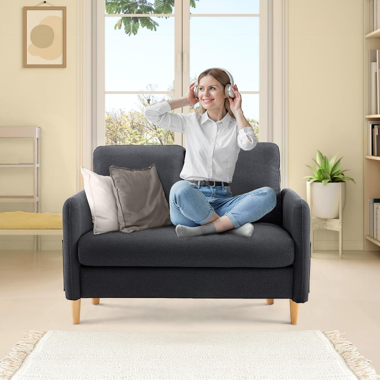 VINGLI 47" Small Couch, Linen Loveseat Sofa Black Mini Couch Mid Century Modern Decor Love Seat for Small Spaces Living Room, Bedroom, Play Room VINGLI