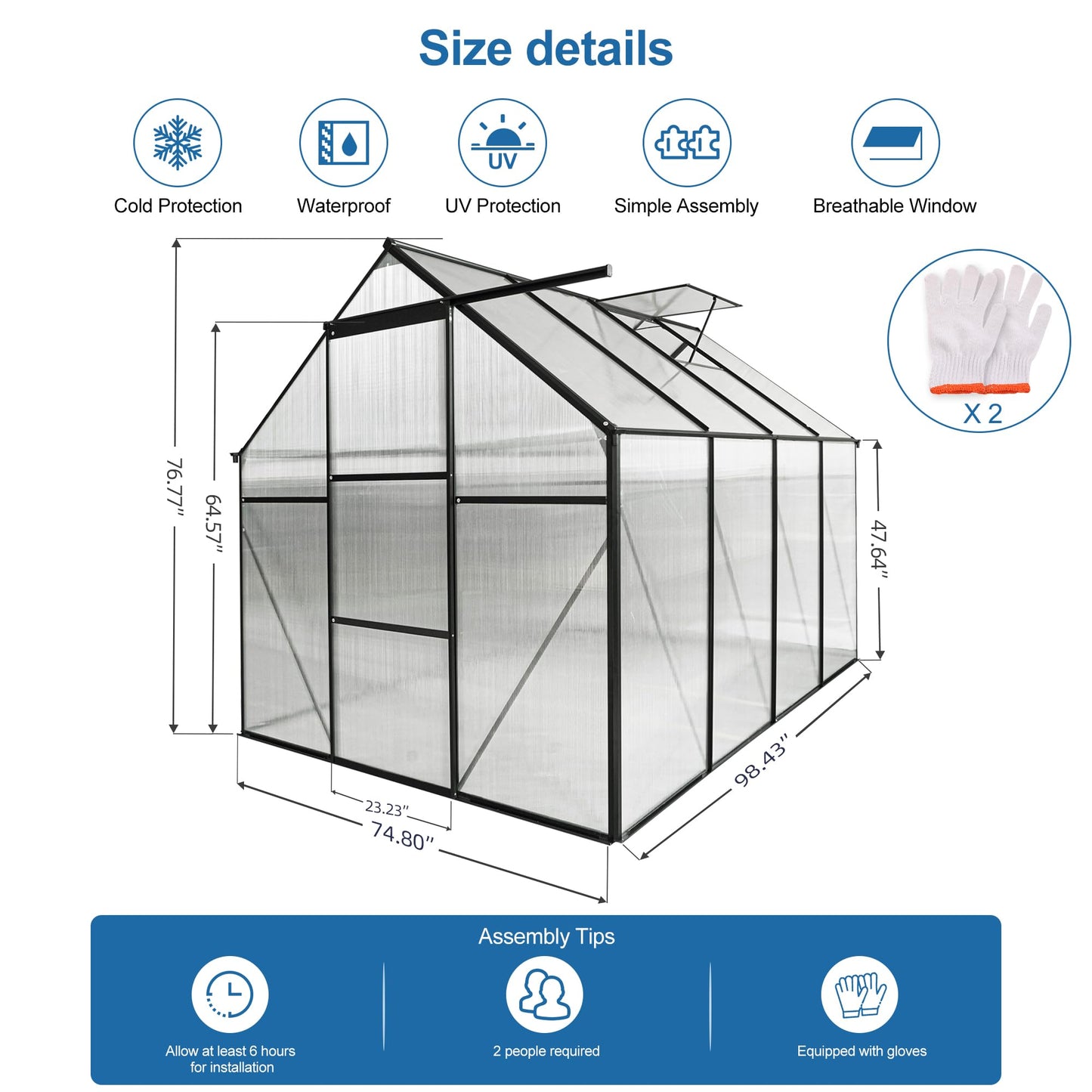 KELRIA 6x8 FT Heavy Duty Walk-in Hobby Greenhouses, Polycarbonate Greenhouse with Sliding Doors and Adjustable Roof Vent, Aluminum Sunroom Green House for Outdoor Garden Backyard, Black - WoodArtSupply