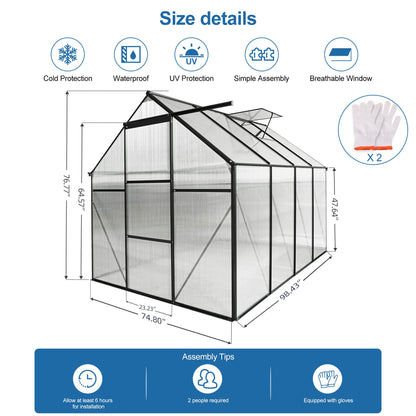 KELRIA 6x8 FT Heavy Duty Walk-in Hobby Greenhouses, Polycarbonate Greenhouse with Sliding Doors and Adjustable Roof Vent, Aluminum Sunroom Green House for Outdoor Garden Backyard, Black - WoodArtSupply