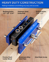DAYDOOR Self Centering Doweling Jig, Adjustable Width Dowel Jig for Straight Holes, Biscuit Joiner Set with 6 Bushings and 3 Drill Bits(Blue) DAYDOOR