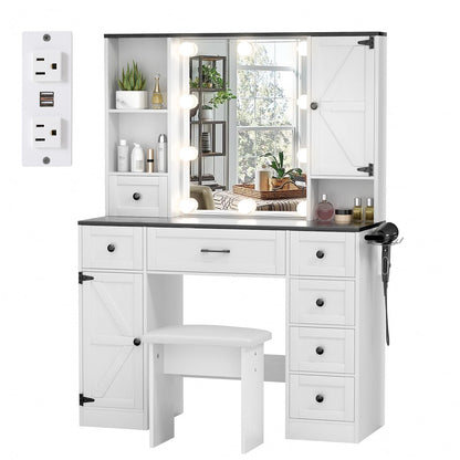 VOWNER Vanity with Lighted Mirror - Farmhouse Makeup Vanity Desk with 7 Drawers, 2 Cabinets and Outlet, 3 Color Lighting Modes Adjustable Brightness, Vanity Table with Stool for Bedroom, Whit - WoodArtSupply