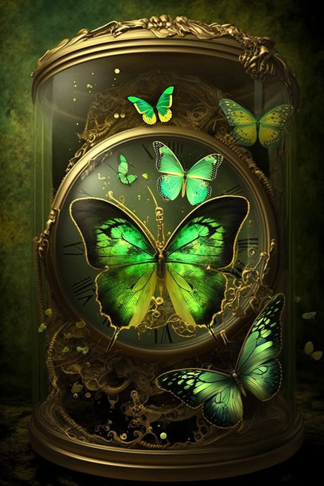 IEFSCAY 5D Diamond Painting Kits Glow-in-The-Dark Green Butterfly Round Clock - Adult Children's Full Diamond Crystal Art Set, for Vintage Fantasy Home Decor Gift 30X45cm IEFSCAY
