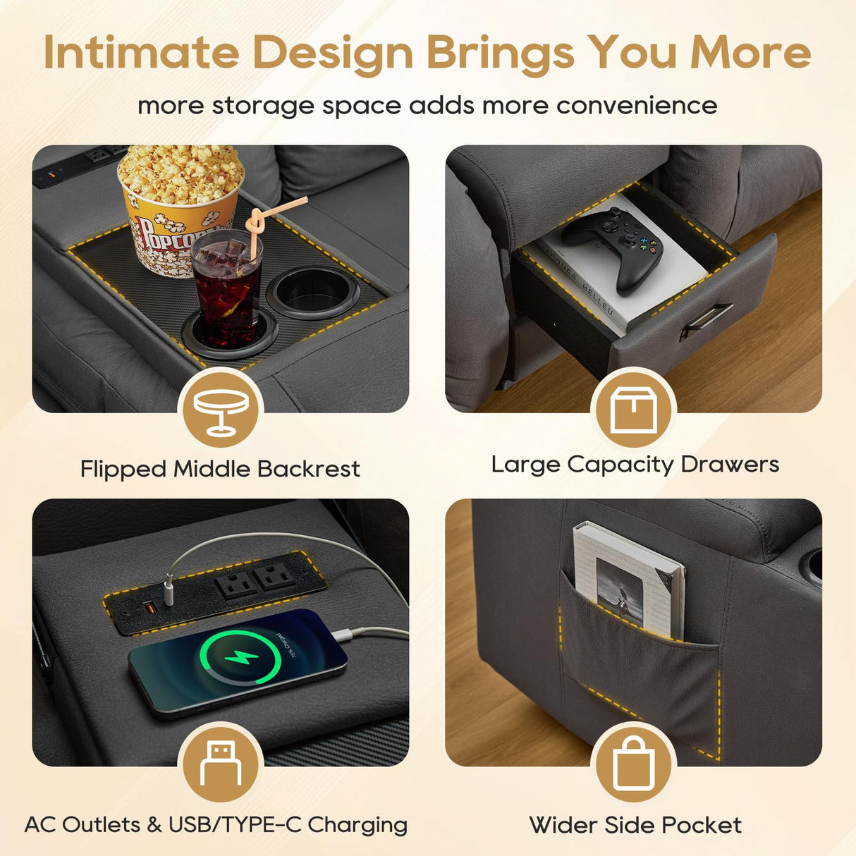 IPKIG 67" RV Loveseat Double Recliner Sofa with FILP Back Console, Storage Drawer, Side Pockets, Lychee Pattern Tech Fabric Manual Reclining Chair Home Theater Seating (Grey) IPKIG