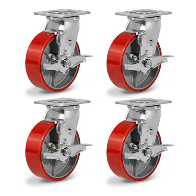 NINOSO 6'' Caster Wheels, Heavy Duty Casters with Polyurethane Wheel, Industrial Casters Set of 4 with Capacity 4800lbs, Widely Used in Workbench Tool Box Furniture (4 Pack Brakes)