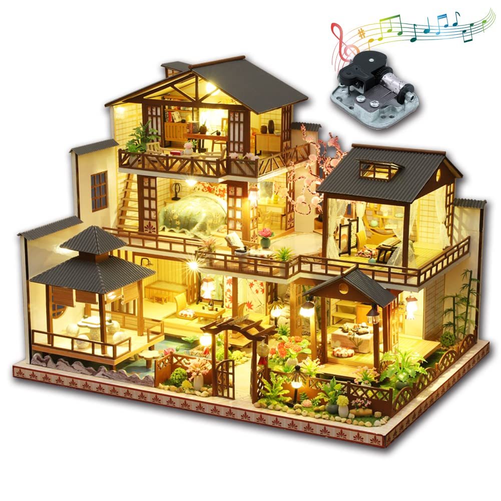 Yuzhen DIY Miniature Dollhouse Kit with Furniture and LED Lights, Japanese Wooden Dollhouse Includes Dustcover and Music Box, Collectibles for Hobbies - WoodArtSupply