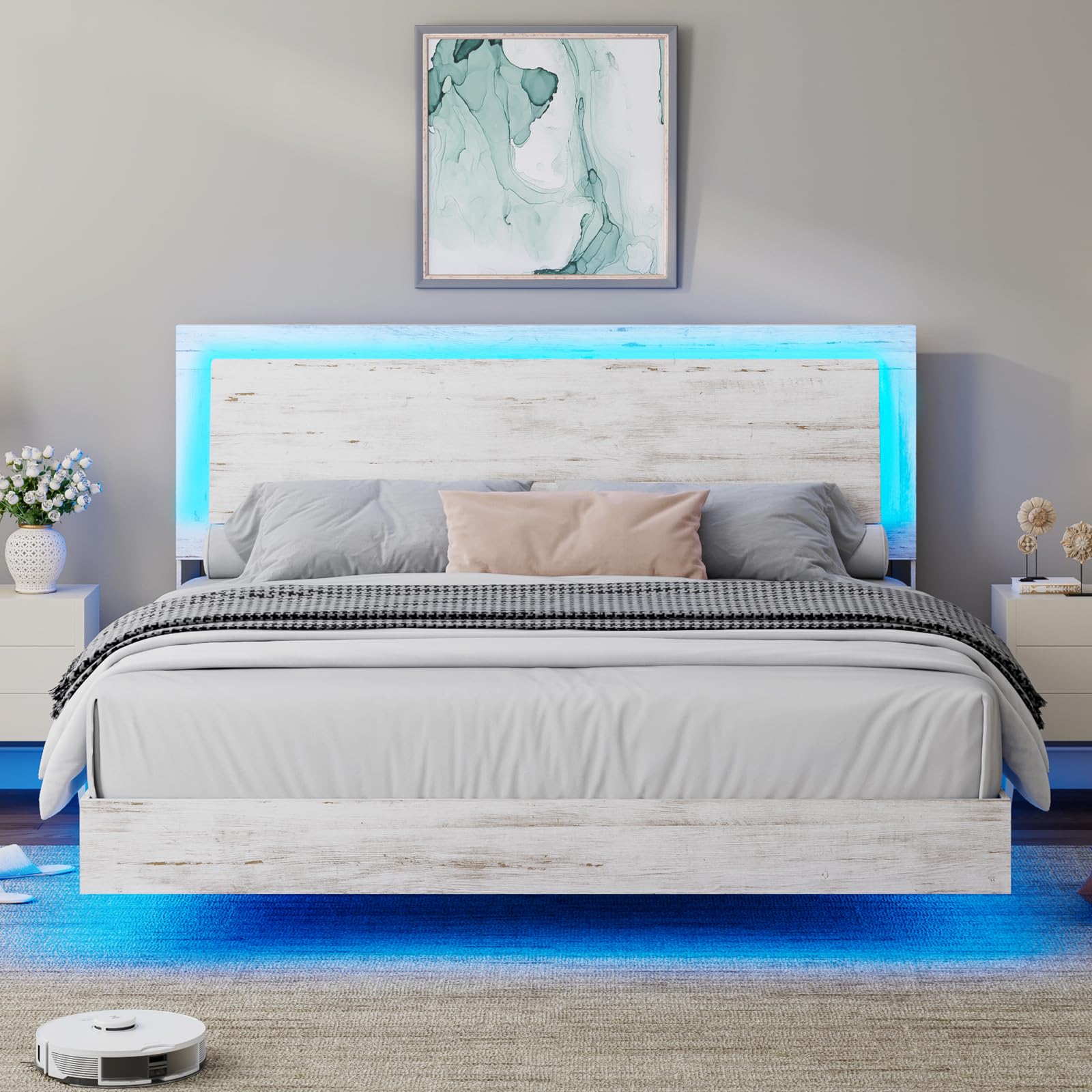 LUXOAK Distressed White King Size Floating Bed Frame with LED Headboard – Modern Farmhouse Design, Easy Assembly & Noise-Free Comfort - WoodArtSupply