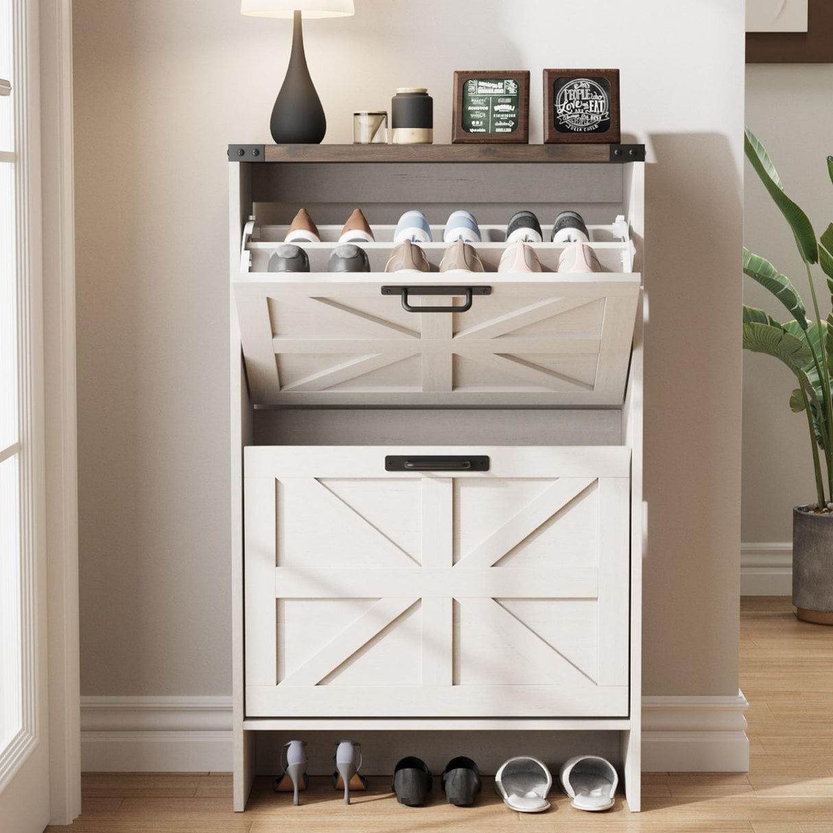 Halitaa Shoe Storage Cabinet for Entryway,Farmhouse Slim Shoe Cabinet with 2 Flip Drawers,Narrow Shoe Rack Cabinet for Entrance Hidden Shoes,White Halitaa