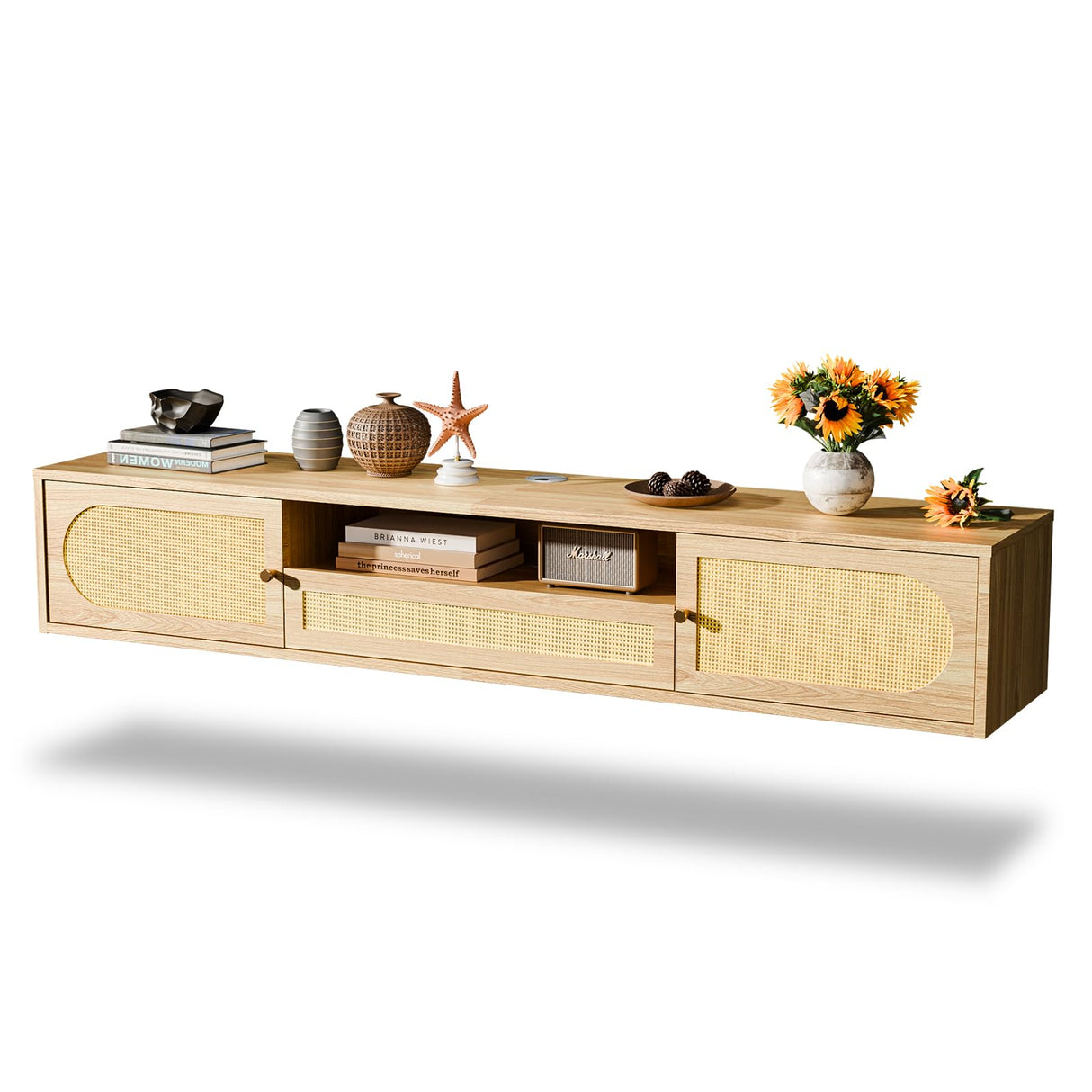 VINGLI 58" Rattan Floating TV Stand, Wall Mounted Entertainment Center with Storage and Drawer, Media Console with Storage Cabinet Shelf Under TV for Living Room, Natural Oak VINGLI