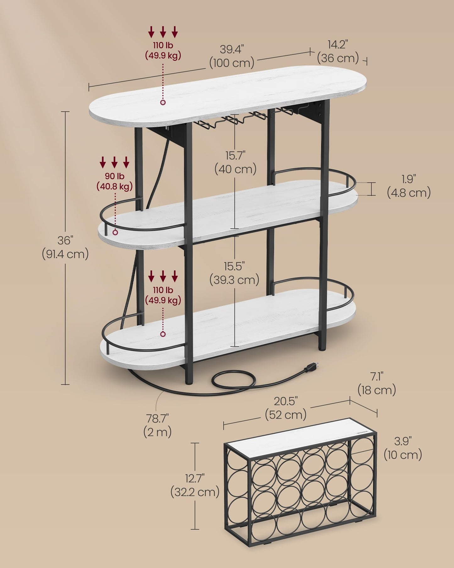 VASAGLE Bar Cabinets for Home, LED Coffee Bar with Power Outlets, Home Mini Bar for Liquor, Freestanding Wine Rack with Glass Holder, Kitchen, Dining Room, Rustic White ULWR007W01 - WoodArtSupply