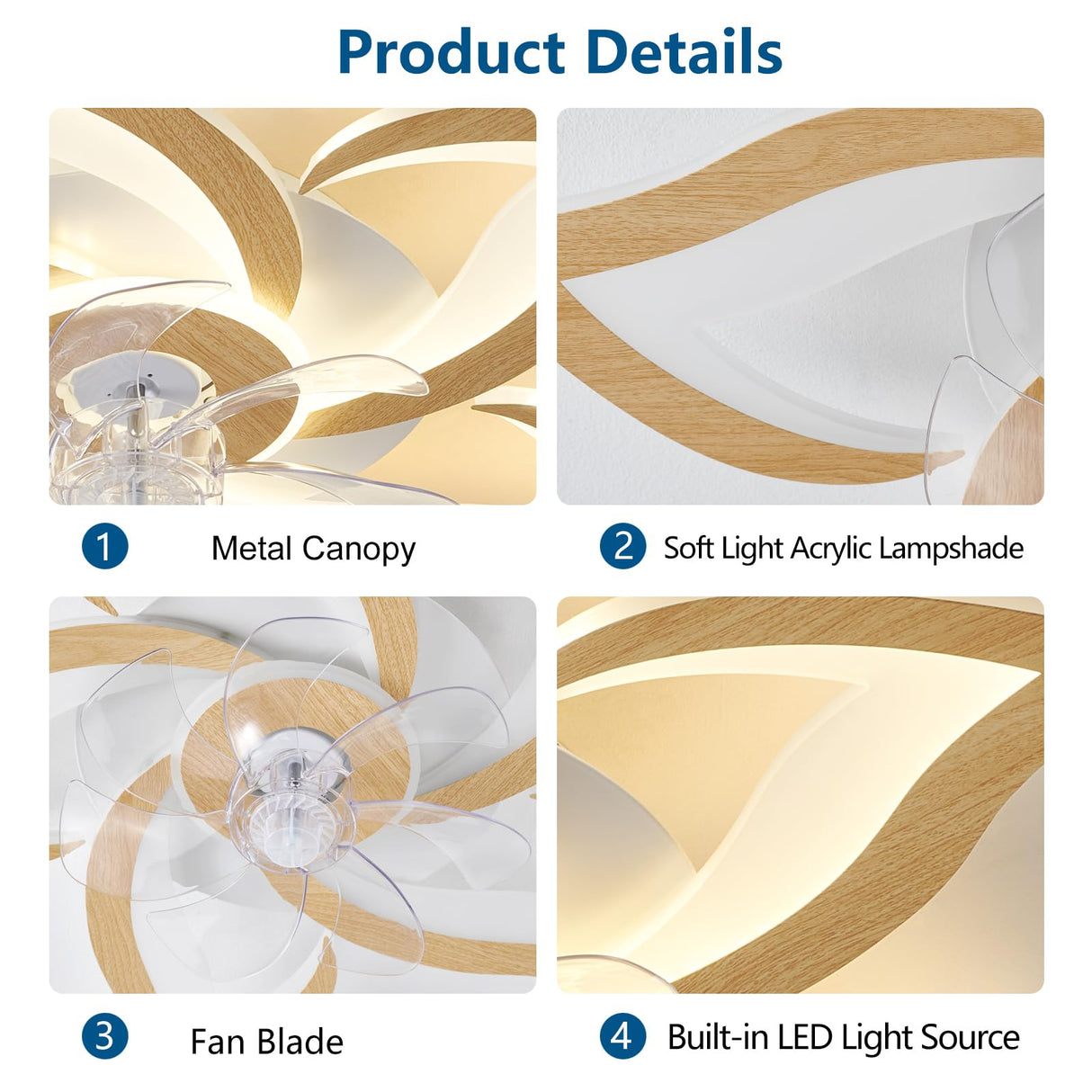 Dalouguan Geometric Ceiling Fan with Lights Remote Control, Wooden Ceiling Fan with Light, 3 Light Color 6 Speeds Low Profile Flush Mount Ceiling Fan for Kitchen Bedroom Living Room Dalouguan