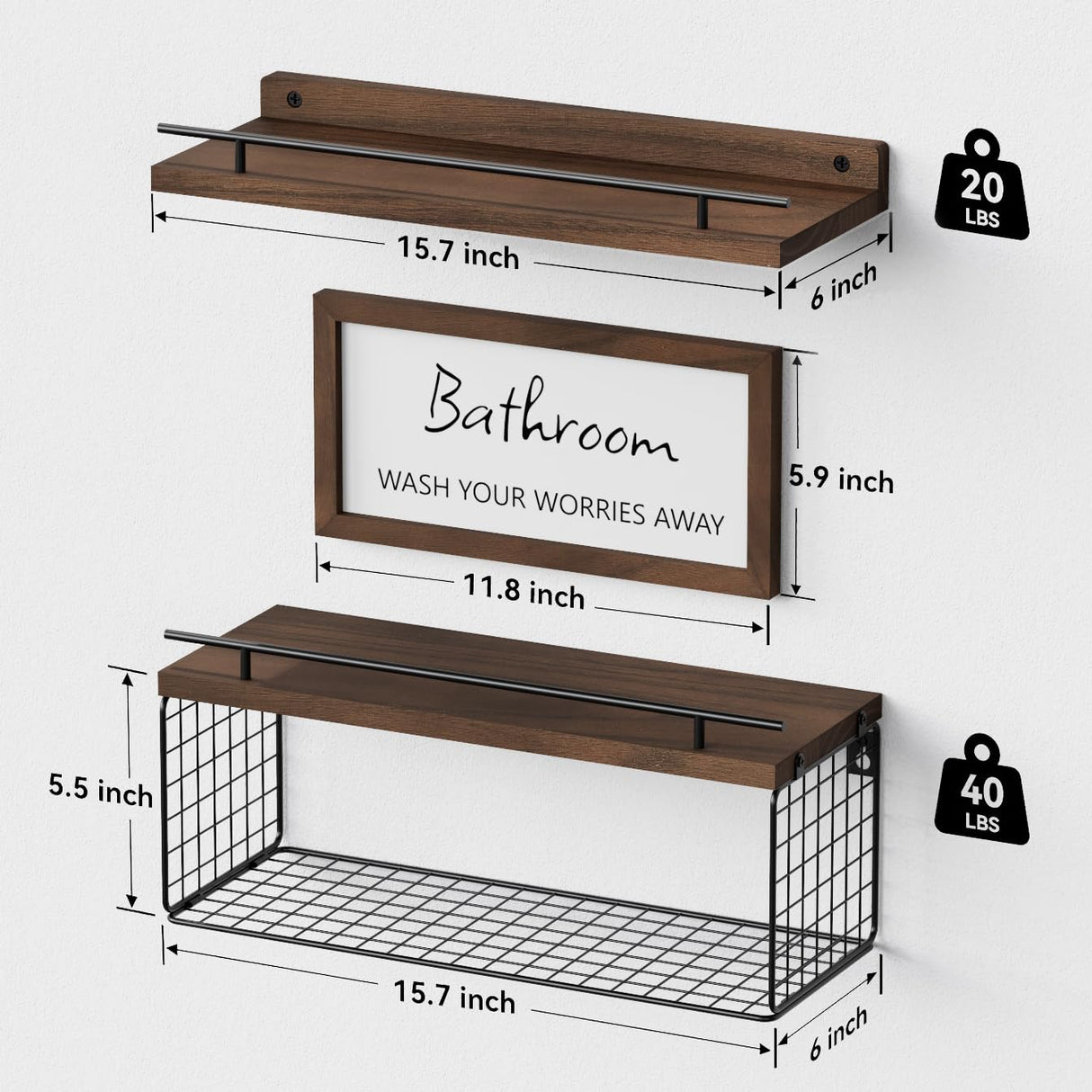 WOPITUES Floating Shelves for Wall Decor Sign, Bathroom Organizers and Storage, Bathroom Shelves Over Toilet with Metal Guardrail-Rustic Brown WOPITUES