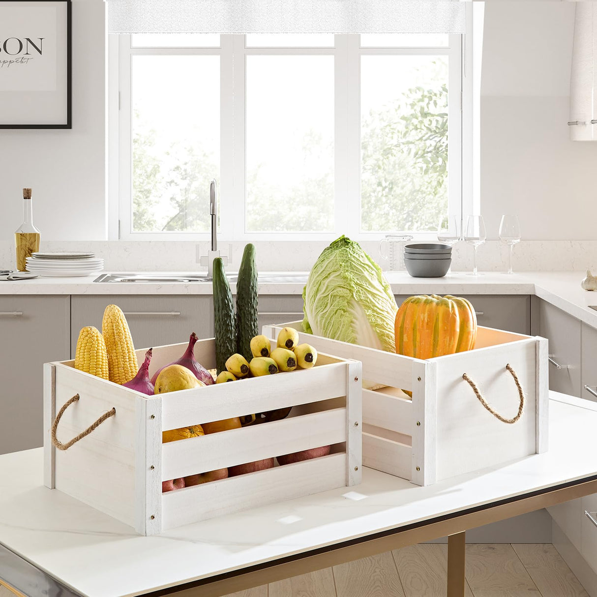 ROSOS Wooden Crates, Farmhouse Wooden Crates for Storage with Rope Handles, Solid Wood Crates for Display, Durable Wooden Crate Box, Handmade Large Wooden Crates for Decor, White Crate, 2 Pack ROSOS