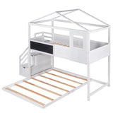 Twin Over Full House Bunk Bed with Storage Staircase & Blackboard, Wood Kids Bunk Bed with Roof and Guardrails, Playhouse Bunk Beds for Kids, Teens, Adults, No Box Spring Required (White) Bellemave