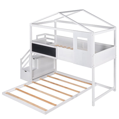 Twin Over Full House Bunk Bed with Storage Staircase & Blackboard, Wood Kids Bunk Bed with Roof and Guardrails, Playhouse Bunk Beds for Kids, Teens, Adults, No Box Spring Required (White)