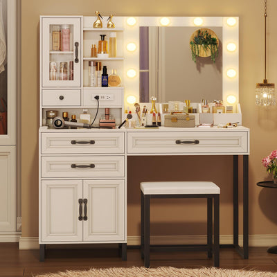 BTHFST Makeup Vanity Desk with Mirror and Lights & Charging Station & Makeup Stool, Vanity Table Set with Glass Top Storage Drawer & Beach & 3 Shelves for Bedroom (Modern White & Black)