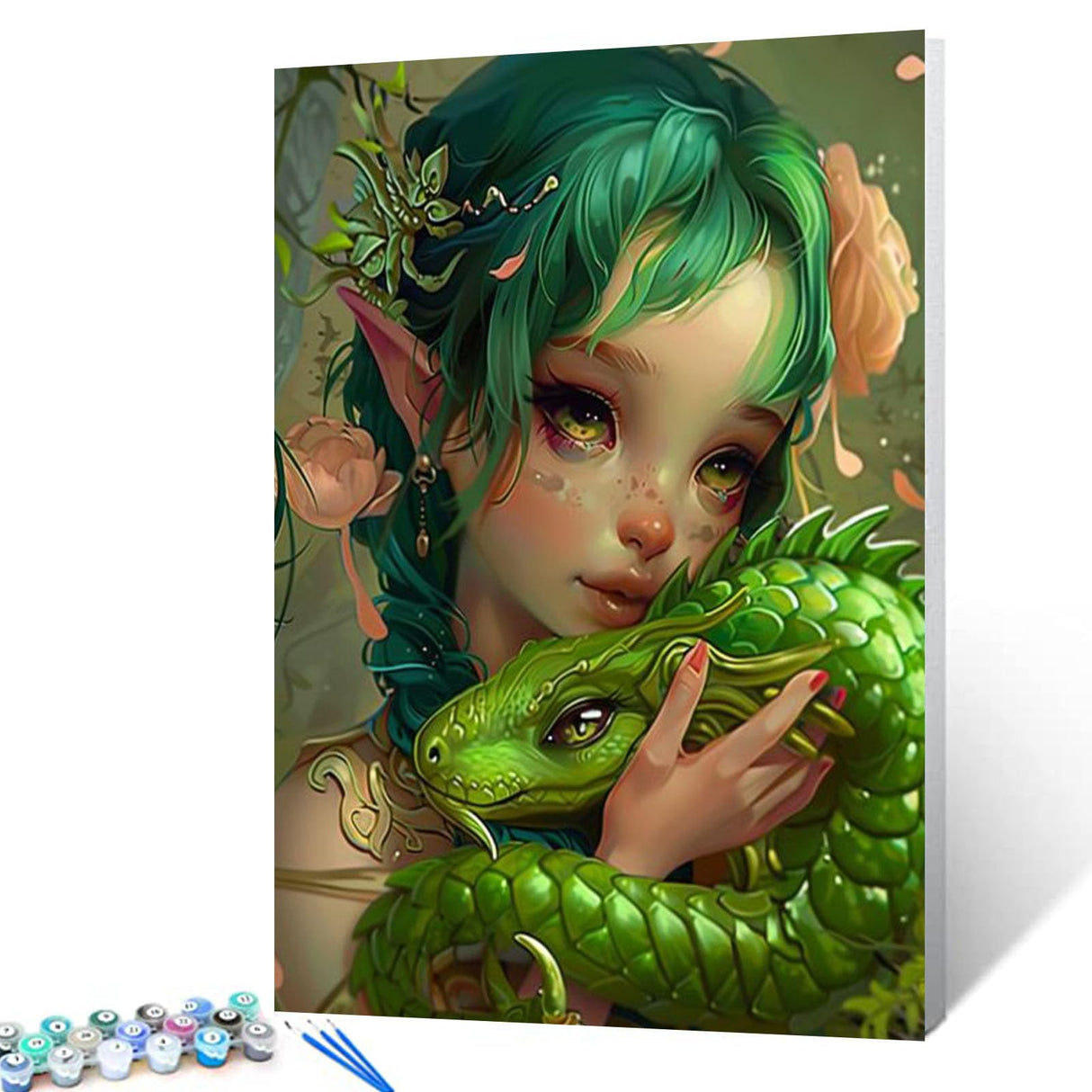 Paint by Number Chinese Green Dragon with Little Girl DIY Painting Canvas with Brushes Acrylic Paints Anime Style Dark Cyan Gold Paint by Numbers for Adults and Kids Beginner 16x20 Inch（without Frame） Tucocoo
