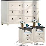 Joaxswe Farmhouse Furniture Set, Nightstands Set of 2 and 6 Drawers Dresser for Bedroom, 58 Inch Wide Wood Dresser and 18" Night Stands with Charging Station for Bedroom, Living Room, Hallway Joaxswe