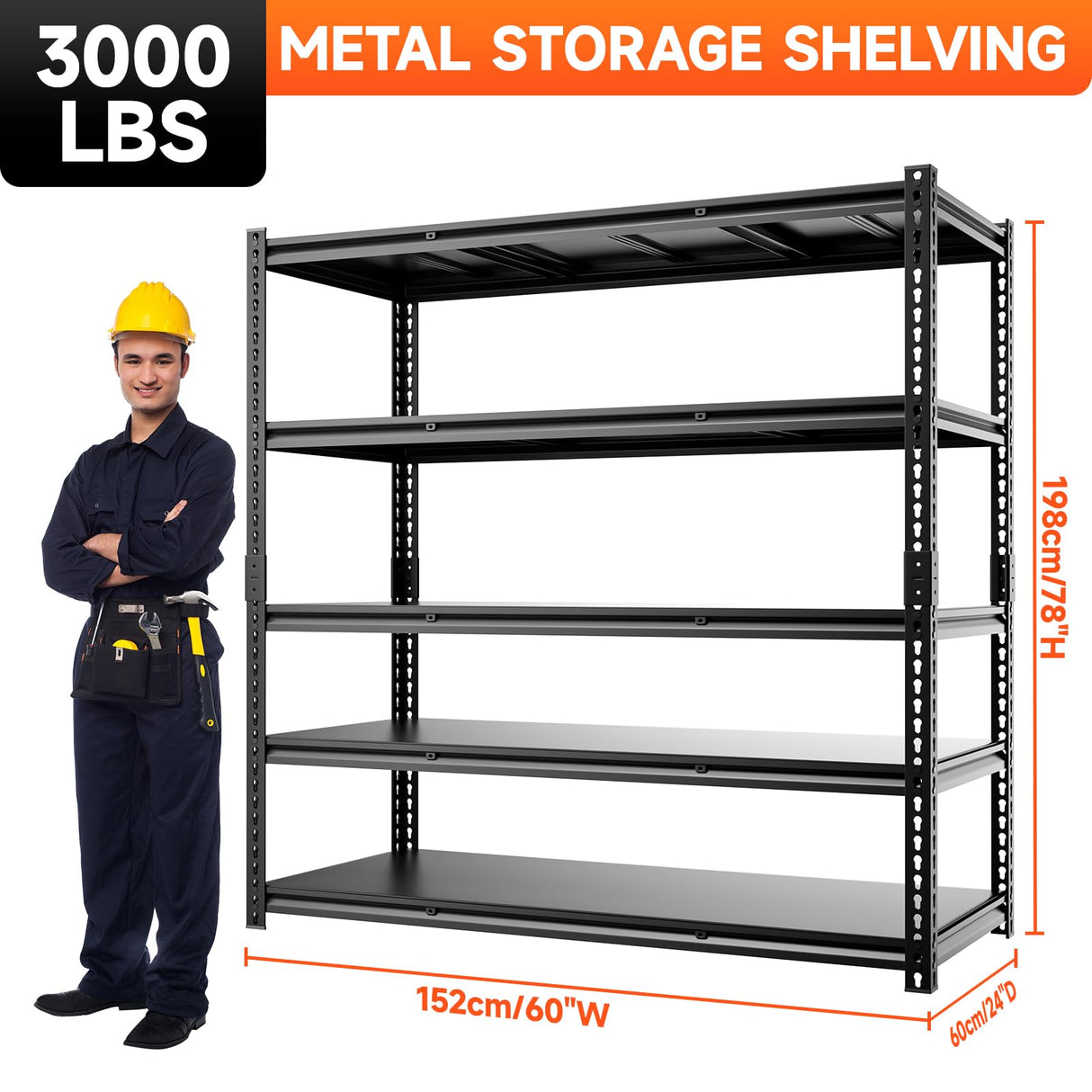 cynnda 5 Tier 60”D X 24”W X 78”H Garage Shelves Heavy Duty 3000LBS Adjustable Metal Storage Shelves for Garages Shops and Basements (Black) cynnda