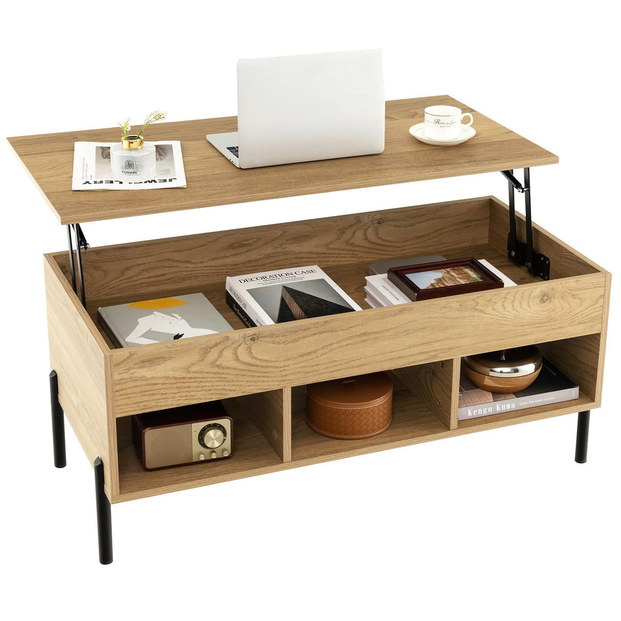 Giantex Lift Top Coffee Table - Rectangular Wooden Table w/Hidden Compartment & Open Storage Shelves, Multifunctional Modern Flip Top Center Table for Living Room, Reception Room, Office (Natural) Giantex