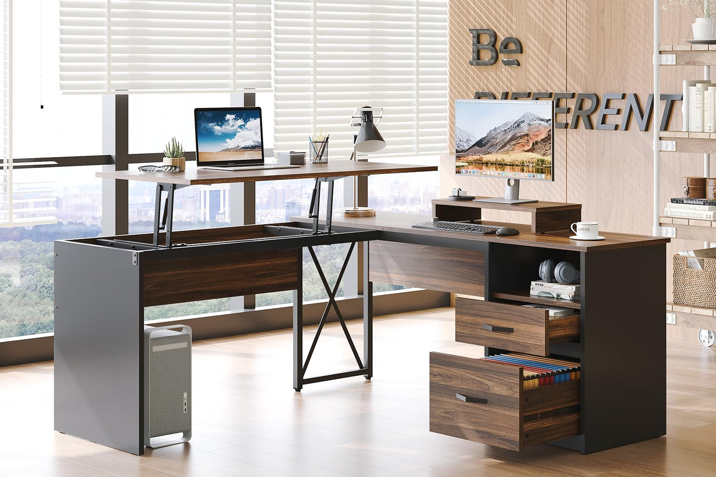 Bestier Lift Top L Shaped Desk with File Drawer, 55'' x 55'' Office Desk with Reversible Storage Drawers, L Shaped Standing Desk with Computer Monitor Stand (Walnut, 55'' x 55'') - WoodArtSupply