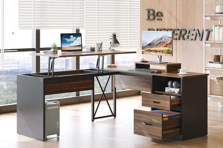 Bestier Lift Top L Shaped Desk with File Drawer, 55'' x 55'' Office Desk with Reversible Storage Drawers, L Shaped Standing Desk with Computer Monitor Stand (Walnut, 55'' x 55'') Bestier