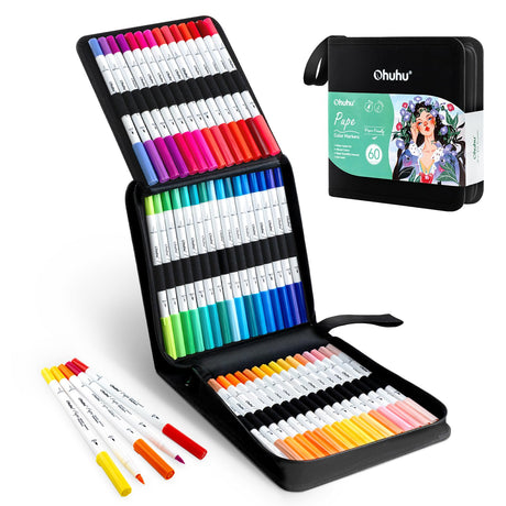 Ohuhu Markers Paper-friendly No Peeling Water-based Coloring Markers 60 Colors Dual Brush Fineliner Tips Markers for Adult Coloring Books No Bleeding Art Markers for Kids Beginner Calligraphy - Pupe Ohuhu