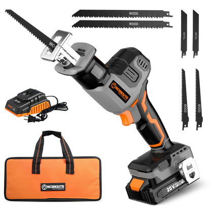 WORKSITE Brushless Reciprocating Saw, 20V Cordless One-Handed Reciprocating Saw w/2.0Ah Battery & 1-Hour Fast Charger, Variable Speed Trigger, 6 Saw Blades for Wood/Metal/PVC Pipe Cutting - WoodArtSupply