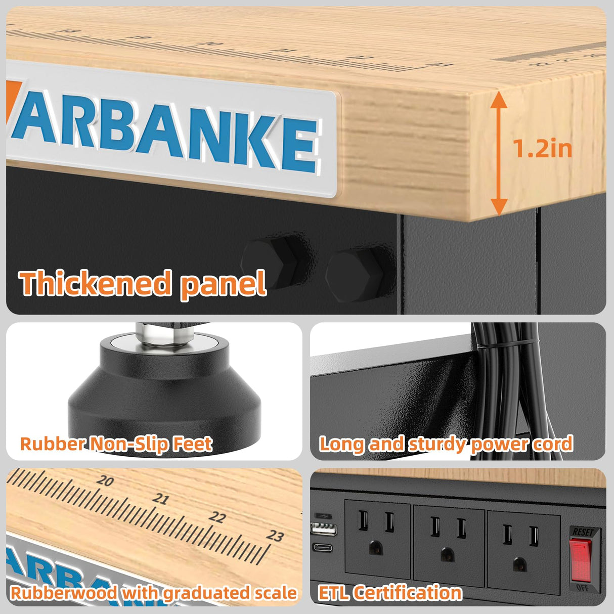 LARBANKE 48" Adjustable Workbench,Weight Capacity to 2000 LBS Heavy Duty Rubberwood Worktable,with 5 Adjustable Heights,Workbench with Scales,Power Panel,Suitable for Workshops,Offices and Homes LARBANKE